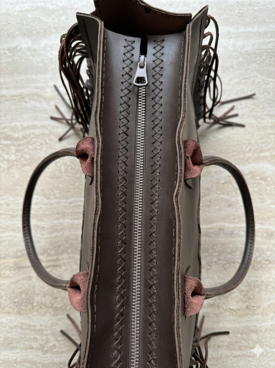 Handcrafted Dark Brown Leather Tote with Cowhide Detail