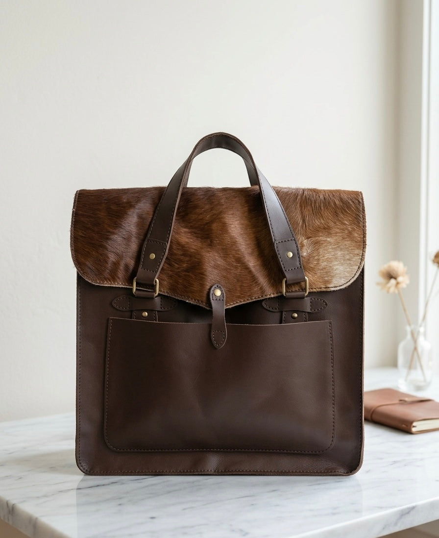 Handcrafted Dark Brown Leather Tote with Cowhide Detail