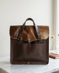 Handcrafted Dark Brown Leather Tote with Cowhide Detail