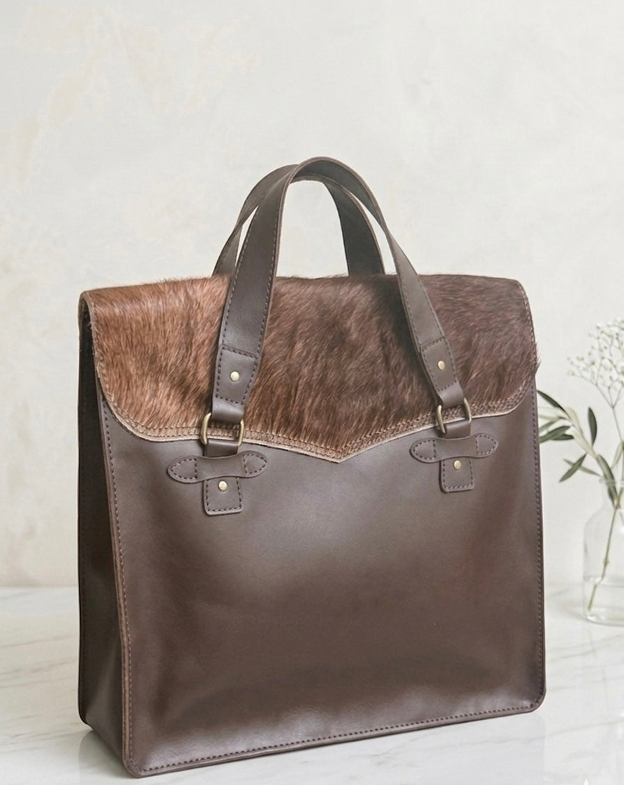 Handcrafted Dark Brown Leather Tote with Cowhide Detail