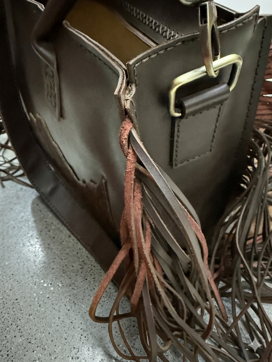 Handcrafted Dark Brown Leather Tote with Cowhide Detail