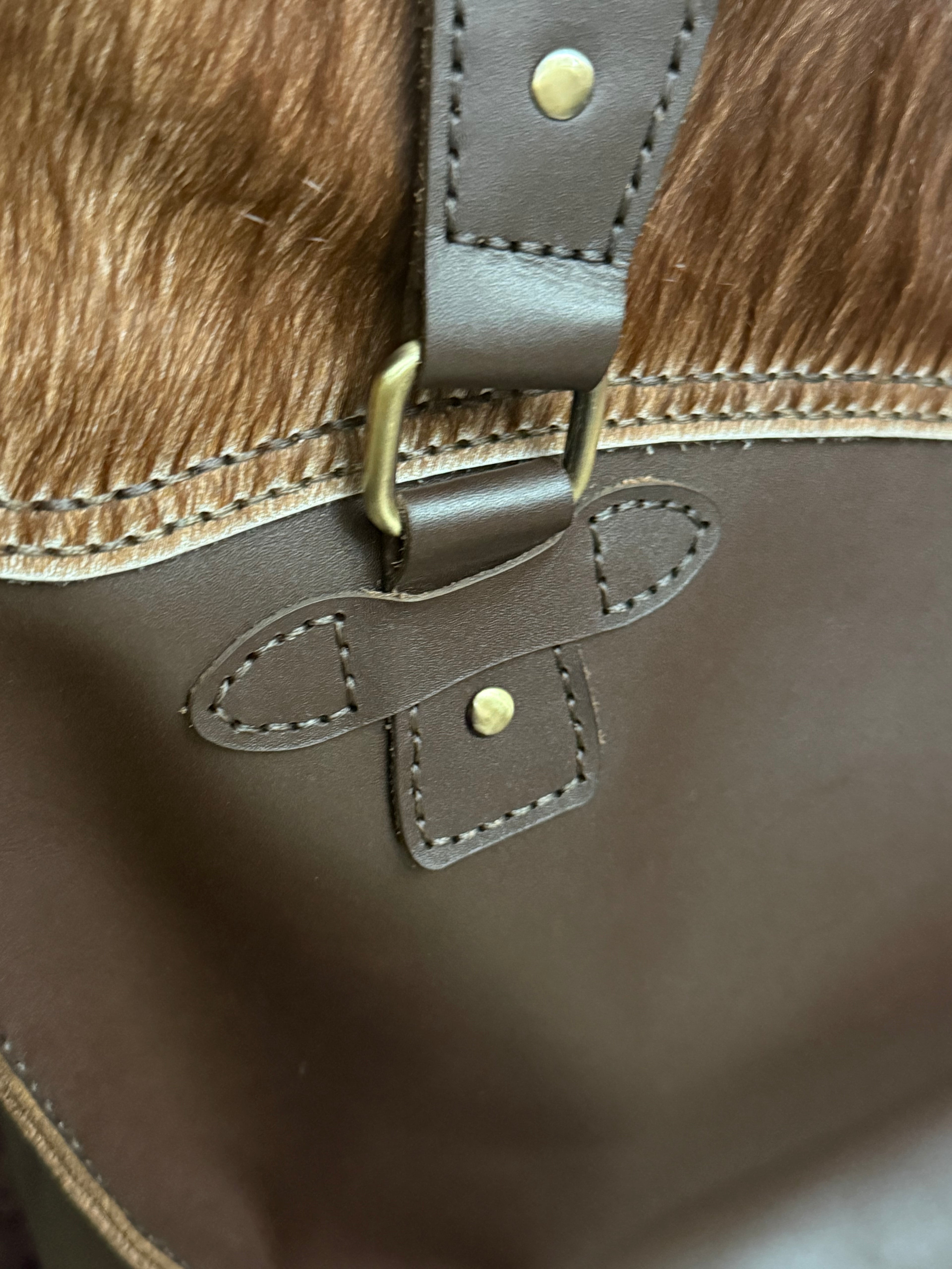 Handcrafted Dark Brown Leather Tote with Cowhide Detail