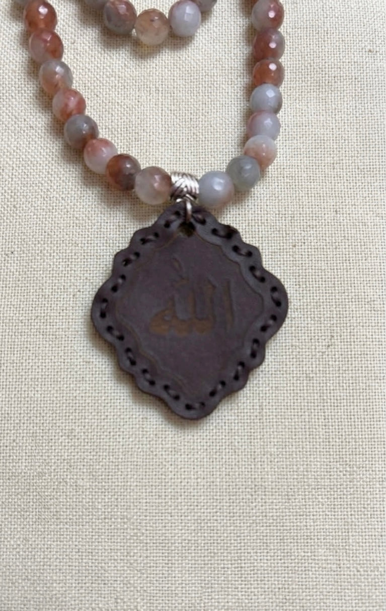 Agate and genuine leather prayerppbeads ( 99 )