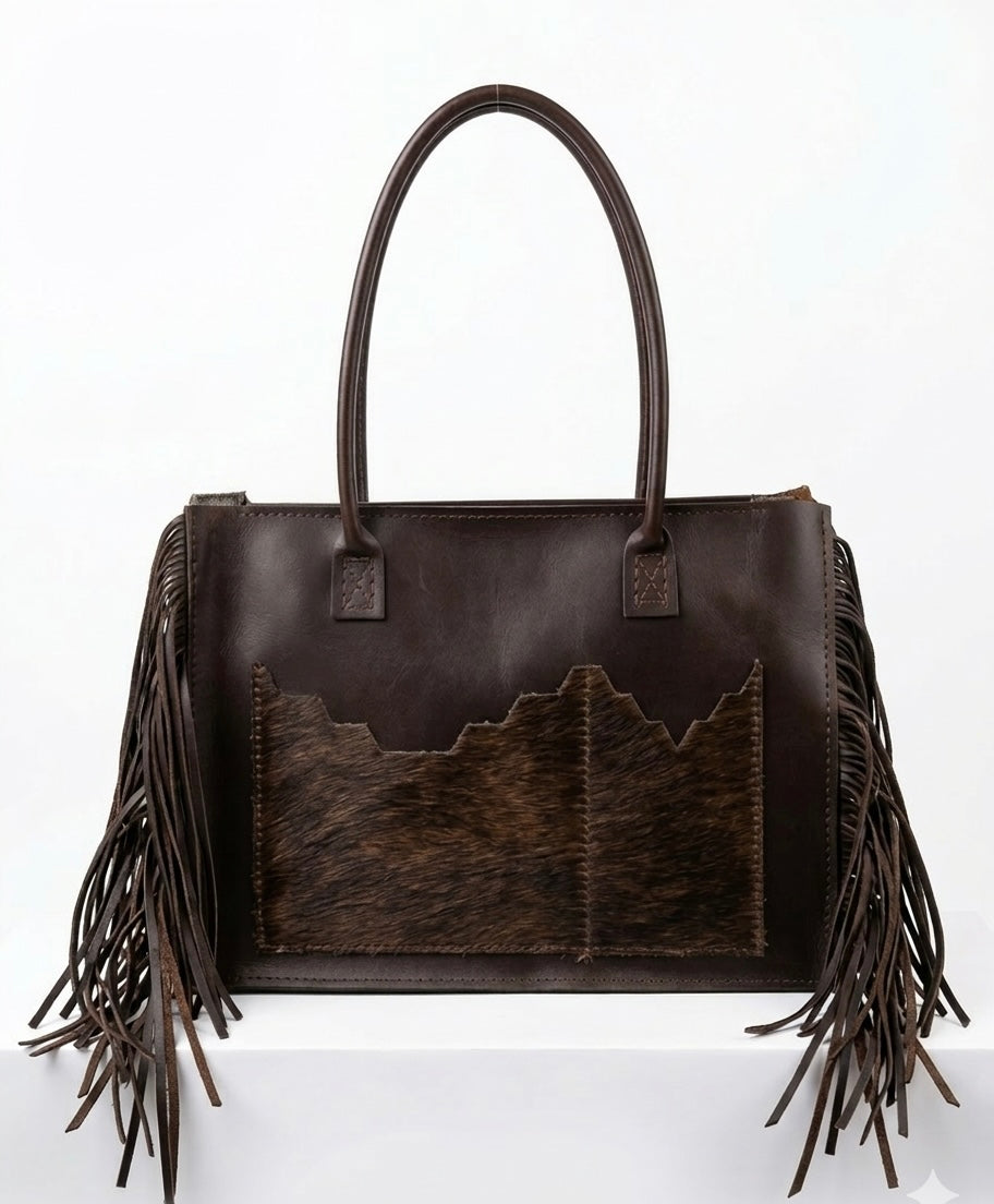 Handcrafted Dark Brown Leather Tote with Cowhide Detail